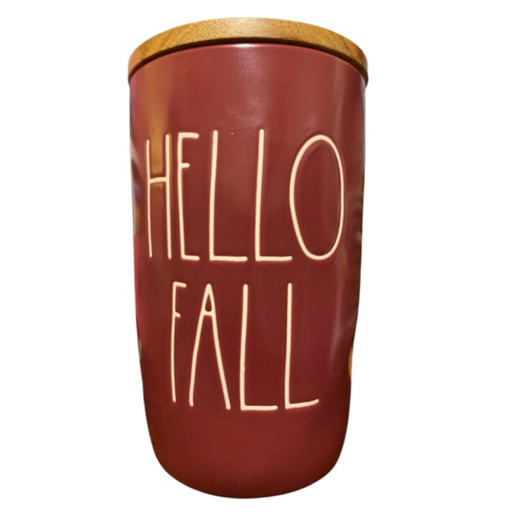 Rae Dunn Red "HELLO FALL" Canister with Wood Lid
